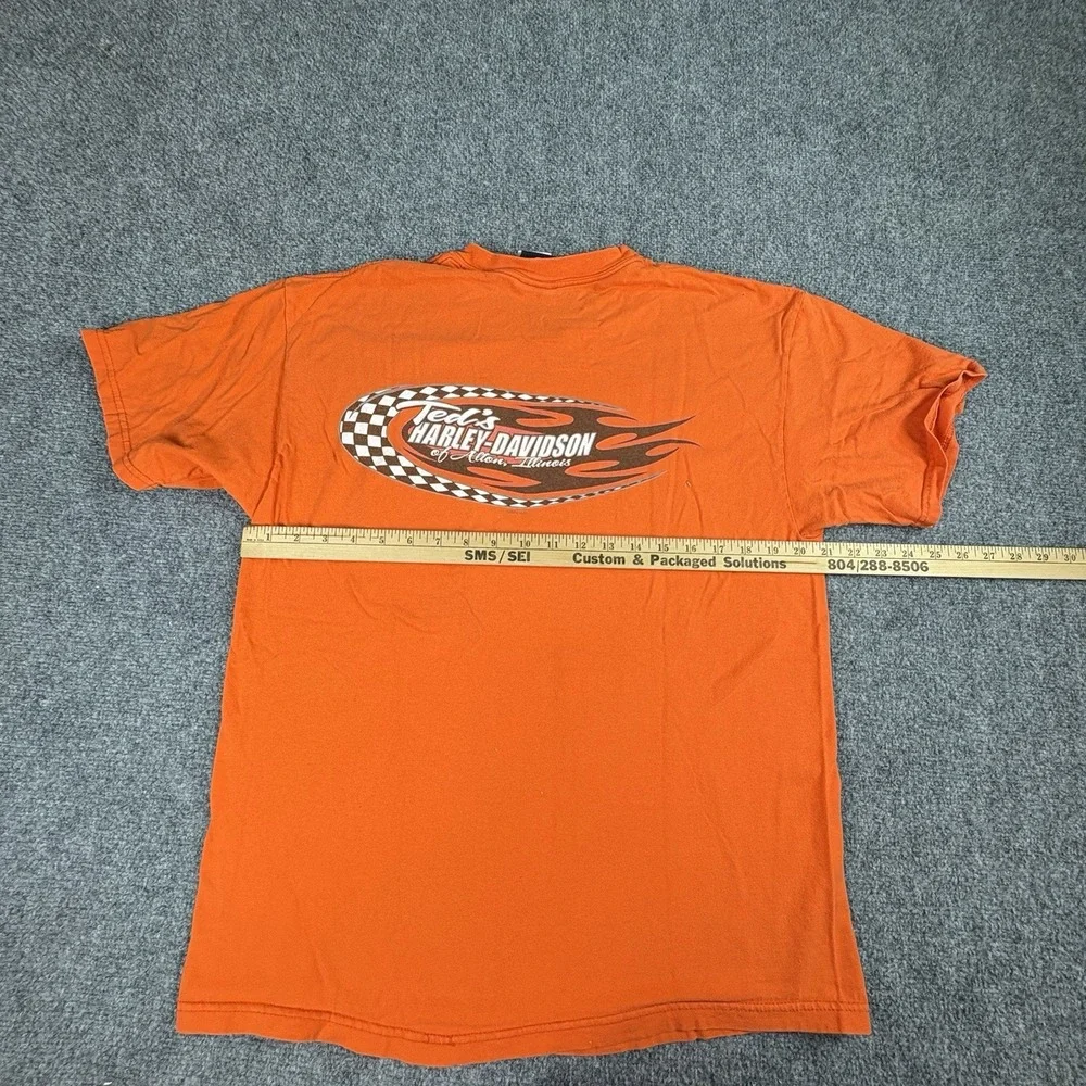 Vintage 90s Y2K Harley Davidson T Shirt L Made In USA Orange Flame R.K. Stratman